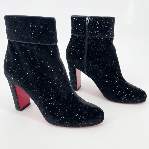 Christian Louboutin Black Moulamax Velvet Galactica 85 Booties Glitter EU 38.5 - Picture 1 of 11